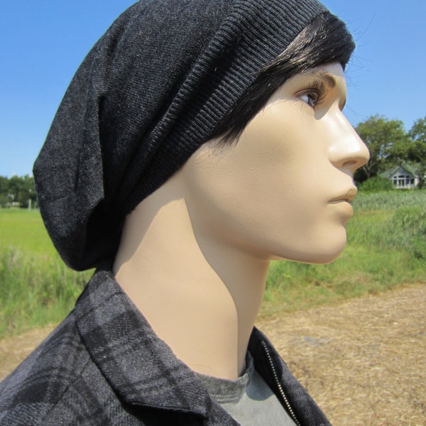 Men's Merino Wool Slouchy Beanie Charcoal Gray Hat Long Slouch Back Knit Tam A1195