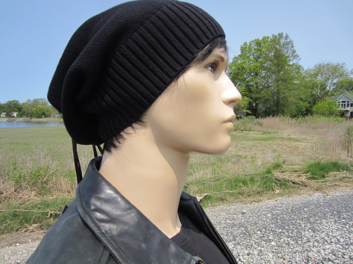 Tie Back Hats Black Knit Beanie Bohemian Style Slouchy Hat Etsy