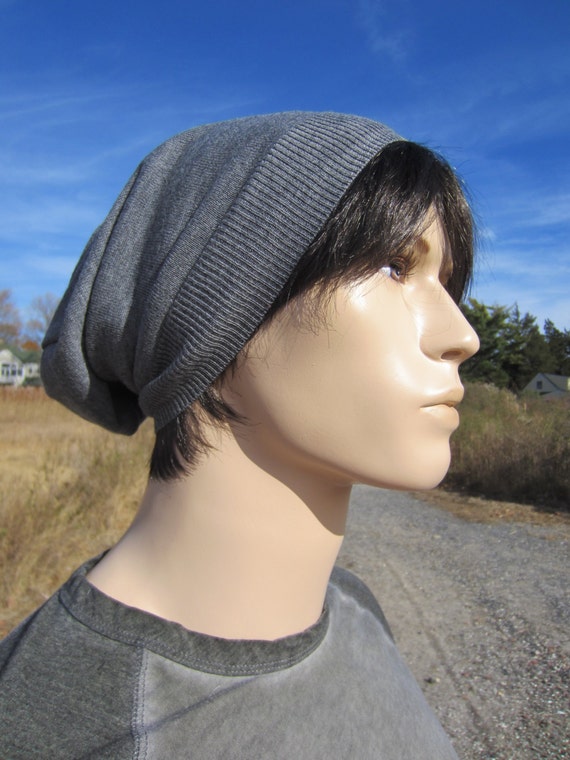 Merino Wool Mens Knit Hat Gray Slouchy 