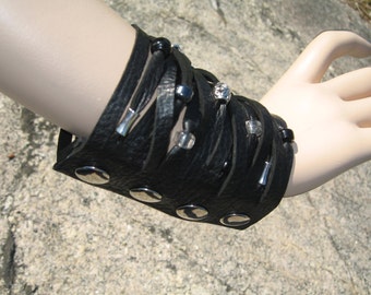 Beaded Black Leather Cuff Bracelet, Sliced Silver Beaded Fringe Wrist Wrap Bohemian Jewelry by Vacationhouose  L2044