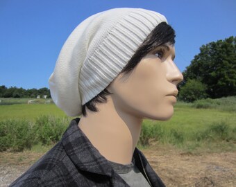 Thick Knit Slouchy Beanie Hat Ivory Men's Leather Tie Back Slouch Beanie Warm Winter White Hats A1281