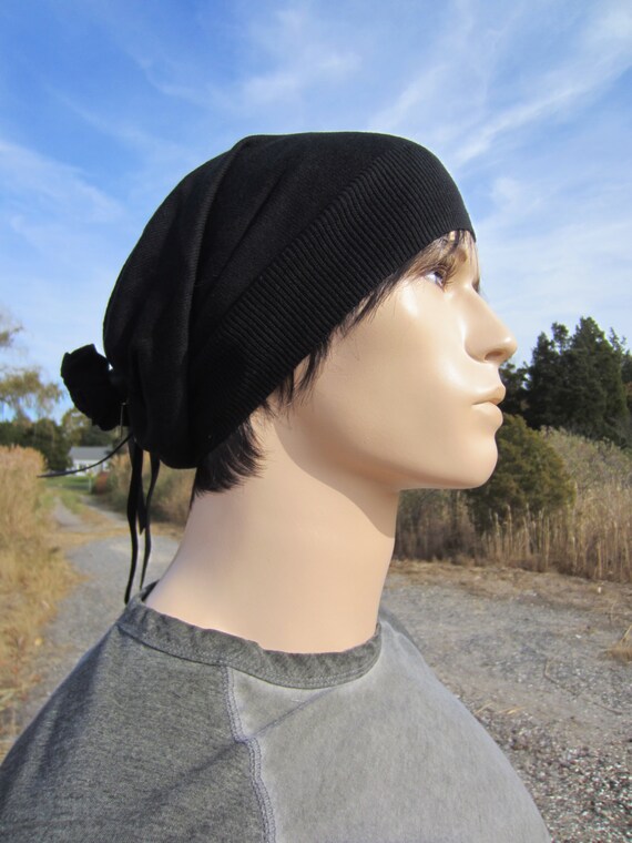 Womens Black Slouchy Beanie Hat Cotton 