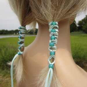 Braid in Leather Hair Ties Wraps Ponytail Holders Beaded Extensions AQUA Suede with Teal Blue & Sea Glass Beads Z106