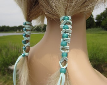 Braid in Leather Hair Ties Wraps Ponytail Holders Beaded Extensions AQUA Suede with Teal Blue & Sea Glass Beads Z106