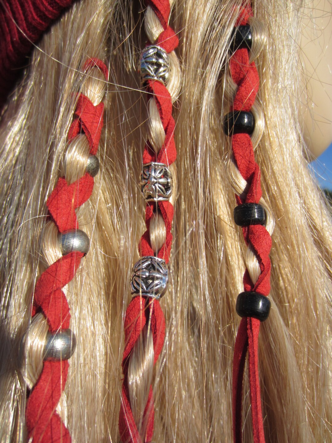 Leather Hair Wraps Hair Tie Ponytail Holders Red Suede Beaded Bead