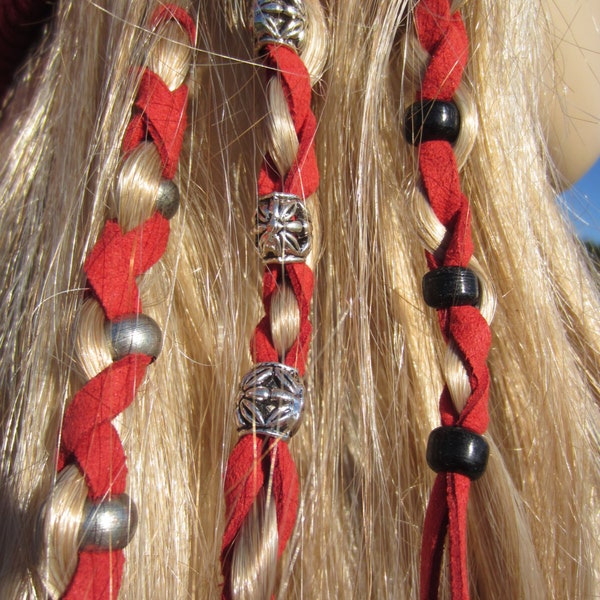 Leather Hair Wraps Hair Tie Ponytail Holders Red Suede Beaded Bead Braid in Hair Extensions Bohemian Hair Styles Z106