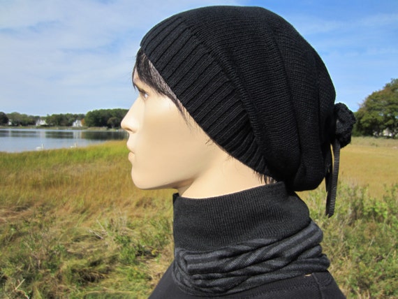 Bonnet noir homme chaud hiver chapeau Tam ample épais tricot Baggy