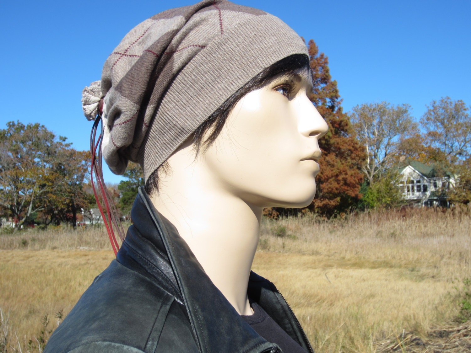 Men's Brown Argyle Beanie Knit Hat 