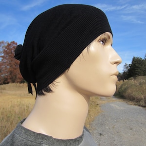 Mens Black Merino Wool Beanie Slouchy Knit Hat Tam Italian Leather Wrap Ties A1001