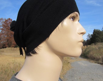 Mens Black Merino Wool Beanie Slouchy Knit Hat Tam Italian Leather Wrap Ties A1001