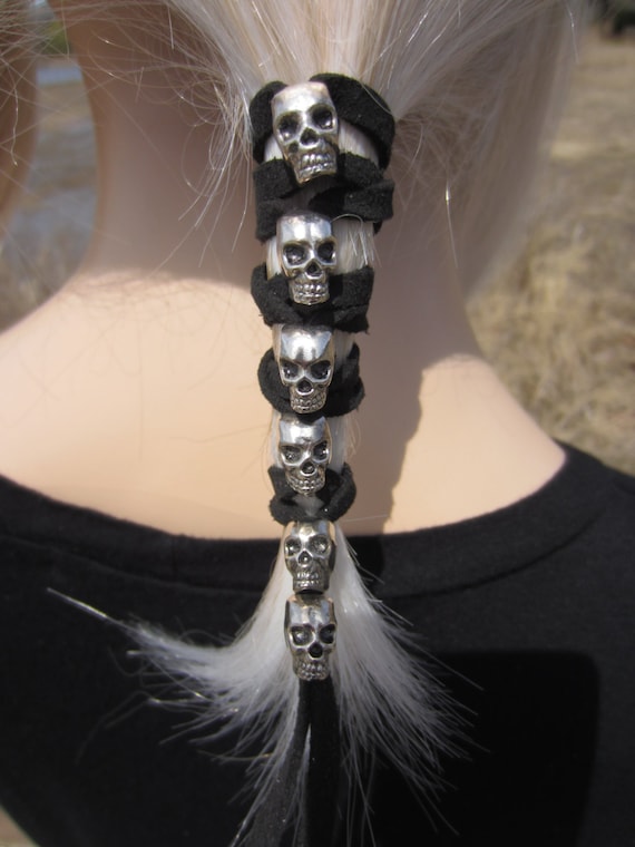 Skull Hair Jewelry Leather Hair Ties Ponytail Holder Biker Goth