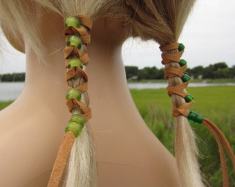 Leather Hair TIes Wraps Ponytail Holders Beaded Extensions Suede with Lime Green and Bottle Green Glass Beads Z106