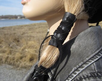 Black Leather Hair Wrap Ponytail Holder Hair Jewelry BOHO Bohemian Resort Wear Z1010