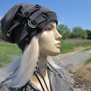 Post Apocalyptic Clothing Reworked Slouchy Beanie Hat Black Charcoal Gray Cotton Distressed Genuine Leather Belt Acid Washed Skull Cap A1972 image 4