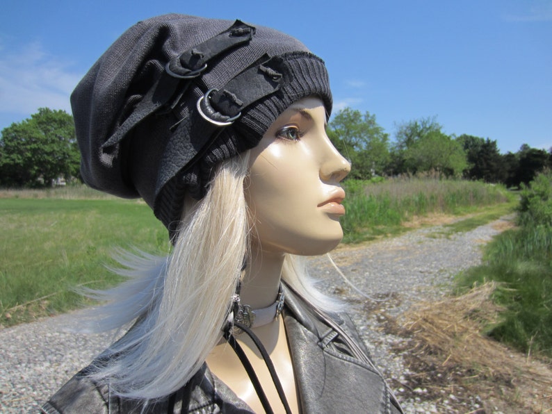 Post Apocalyptic Clothing Reworked Slouchy Beanie Hat Black Charcoal Gray Cotton Distressed Genuine Leather Belt Acid Washed Skull Cap A1972 image 4