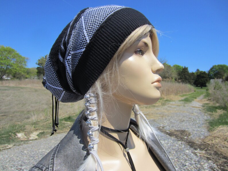 Black Lace Dress Hat Women's Knit Lightweight Summer Beanie Bohemian Clothes Slouchy Beanies Tams Black & White Leather Tie Back A1832 image 4