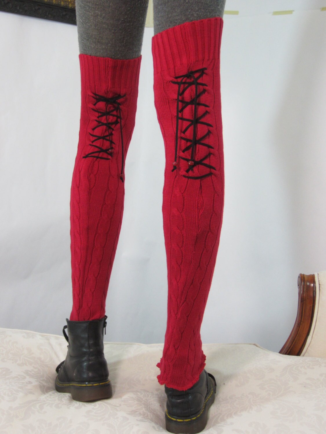 Thigh High Leg Warmers Black Lace Up Corset Over the Knee Etsy