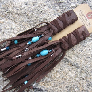 Leather Ponytail Holder Hair Wrap Beaded Extensions, Brown Leather Fringe BOHO Hair Jewelry Z2111