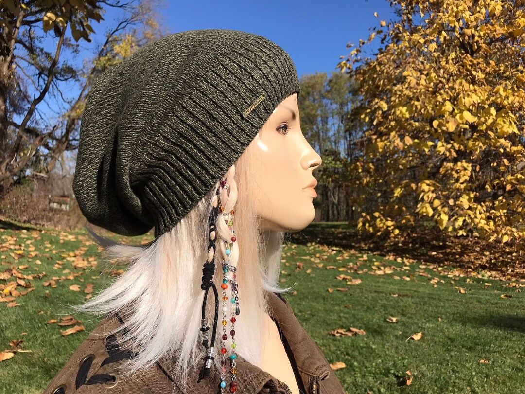 Olive Green Knit Slouchy Beanie Tam Women's Cotton Knit Hats Bohemian