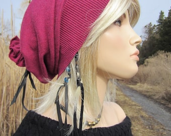 Basic Slouchy Beanie Tie Back Hat Pink Cashmere Cotton Blend Womens Raspberry Beret  A1482