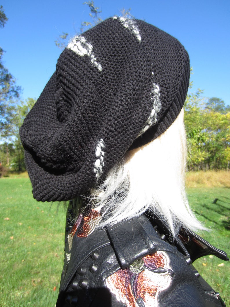 Black Oversized Slouch Tam Hat Black Cotton Blend Post Apocalyptic Reworked clothing Thick Bulky Big Beanie Embroidered Red or White A1988