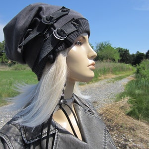 Post Apocalyptic Clothing Reworked Slouchy Beanie Hat Black Charcoal Gray Cotton Distressed Genuine Leather Belt Acid Washed Skull Cap A1972 image 2