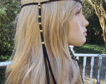 1 Braid in Black Leather BOHO Headband Hair Wrap with Antique Brass Gold Beads Z106L