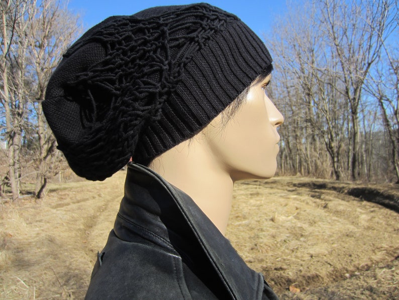 Reworked Clothing Spider WEB Sweater knit Hat Women/'s Black Tams Hats Big Head Slouchy Beanies Cotton Hand Knit Overlay A2022