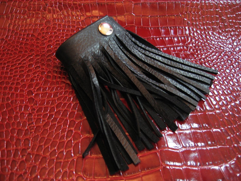 Leather Fringe Cuff  Bracelet, Black Leather Wristband,  Rocker Club Wear Wrist Band Jewelry  L2005 