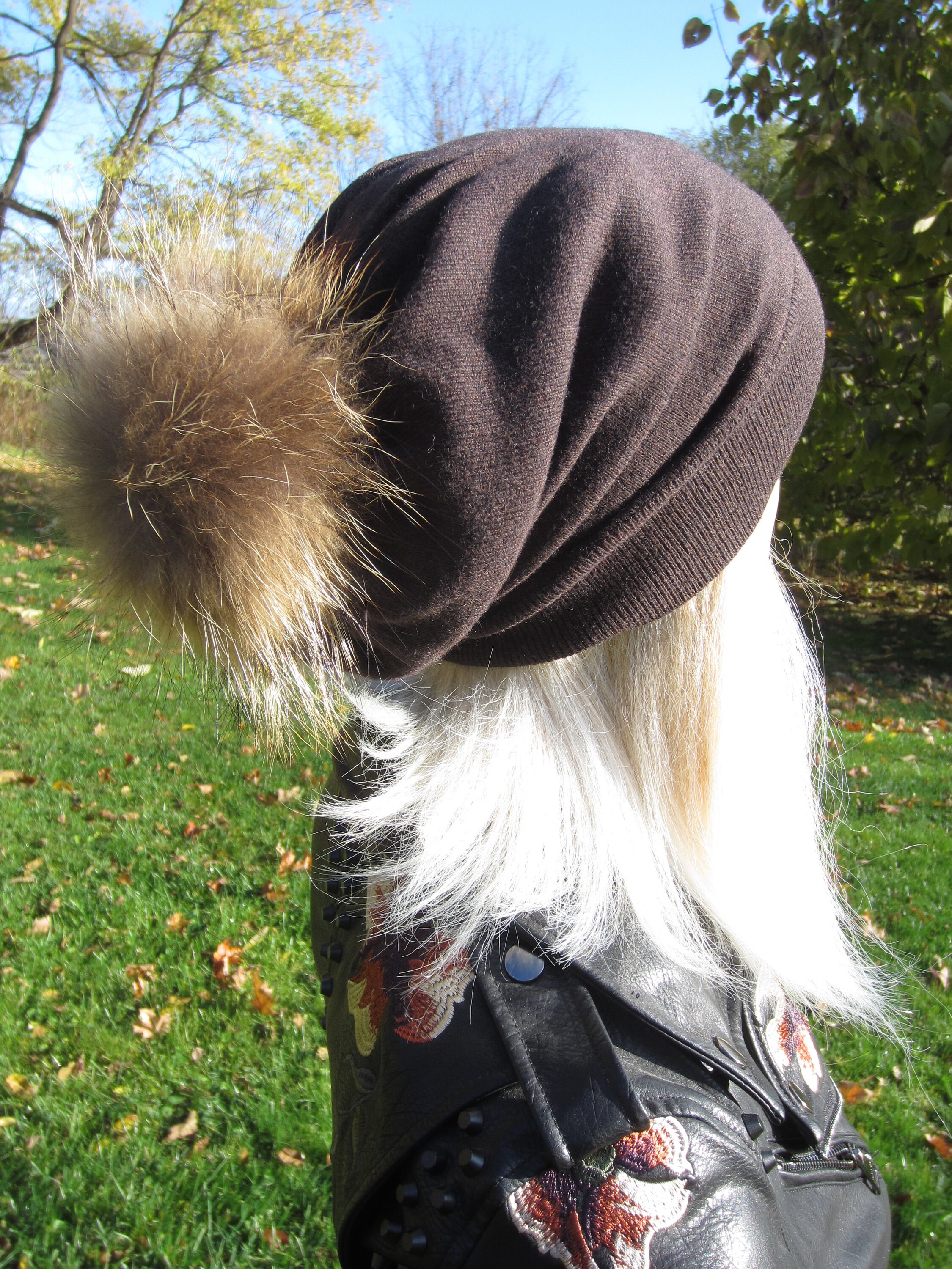 Navy Blue Cashmere Hat Fur Pom Pom Beanie Slouchy Beanies 