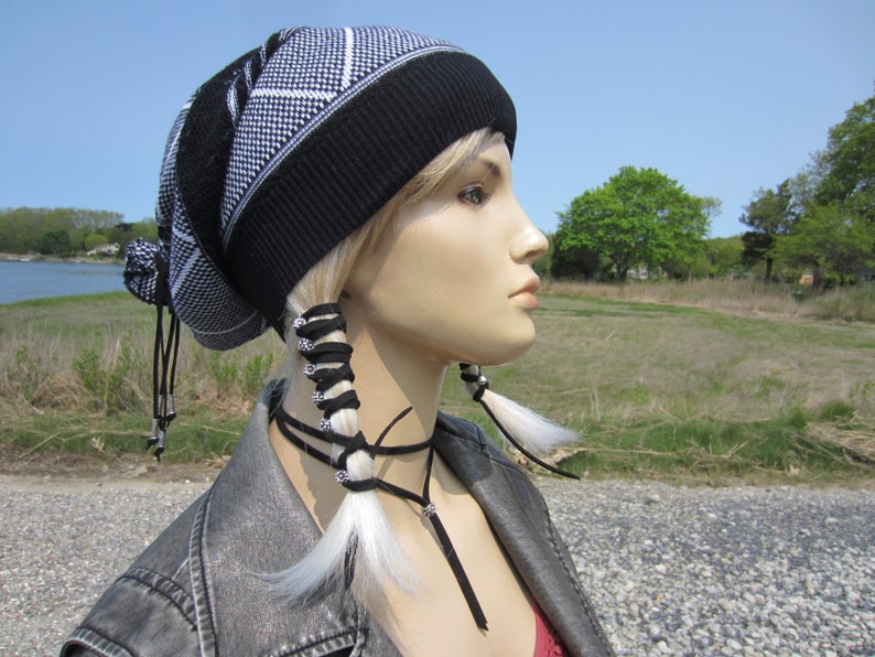 Black Lace Dress Hat Women's Knit Lightweight Summer Beanie Bohemian Clothes Slouchy Beanies Tams Black & White Leather Tie Back A1832 image 1