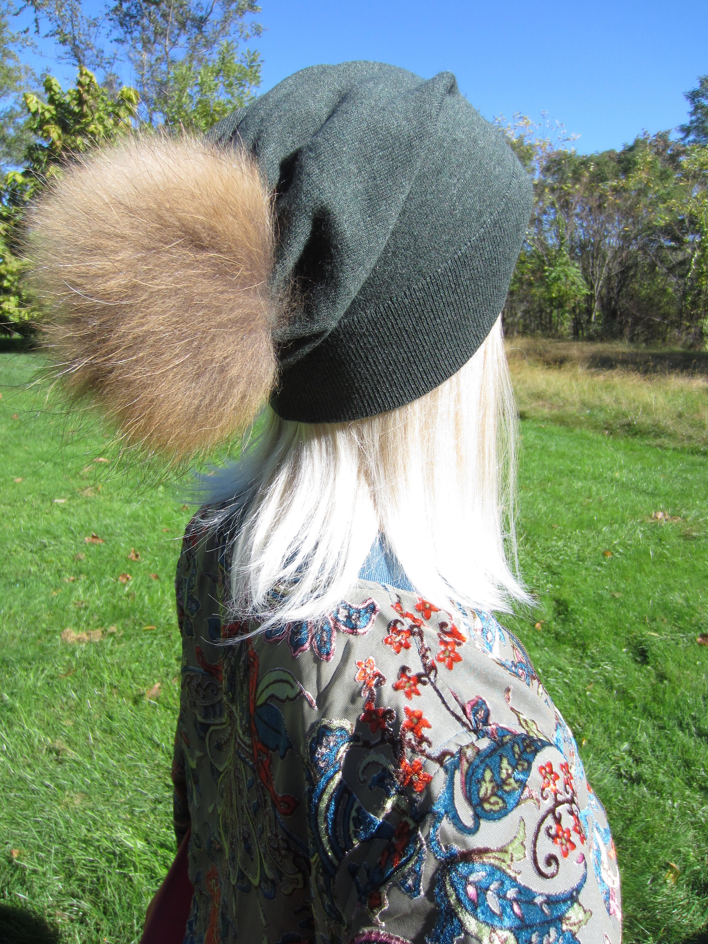 Fur Pom Pom Beanie Cashmere Hat Forest 
