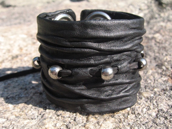 Leather Wristband Black Leather Cuff Bracelet Men's Womens Hand Sculpted Sculpted Urban Jewelry, Wrinkled Crushed Leather L2101