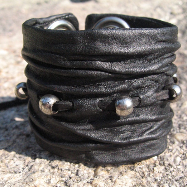 Leather Wristband Black Leather Cuff Bracelet Men's Womens Hand Sculpted Sculpted Urban Jewelry, Wrinkled Crushed Leather L2101