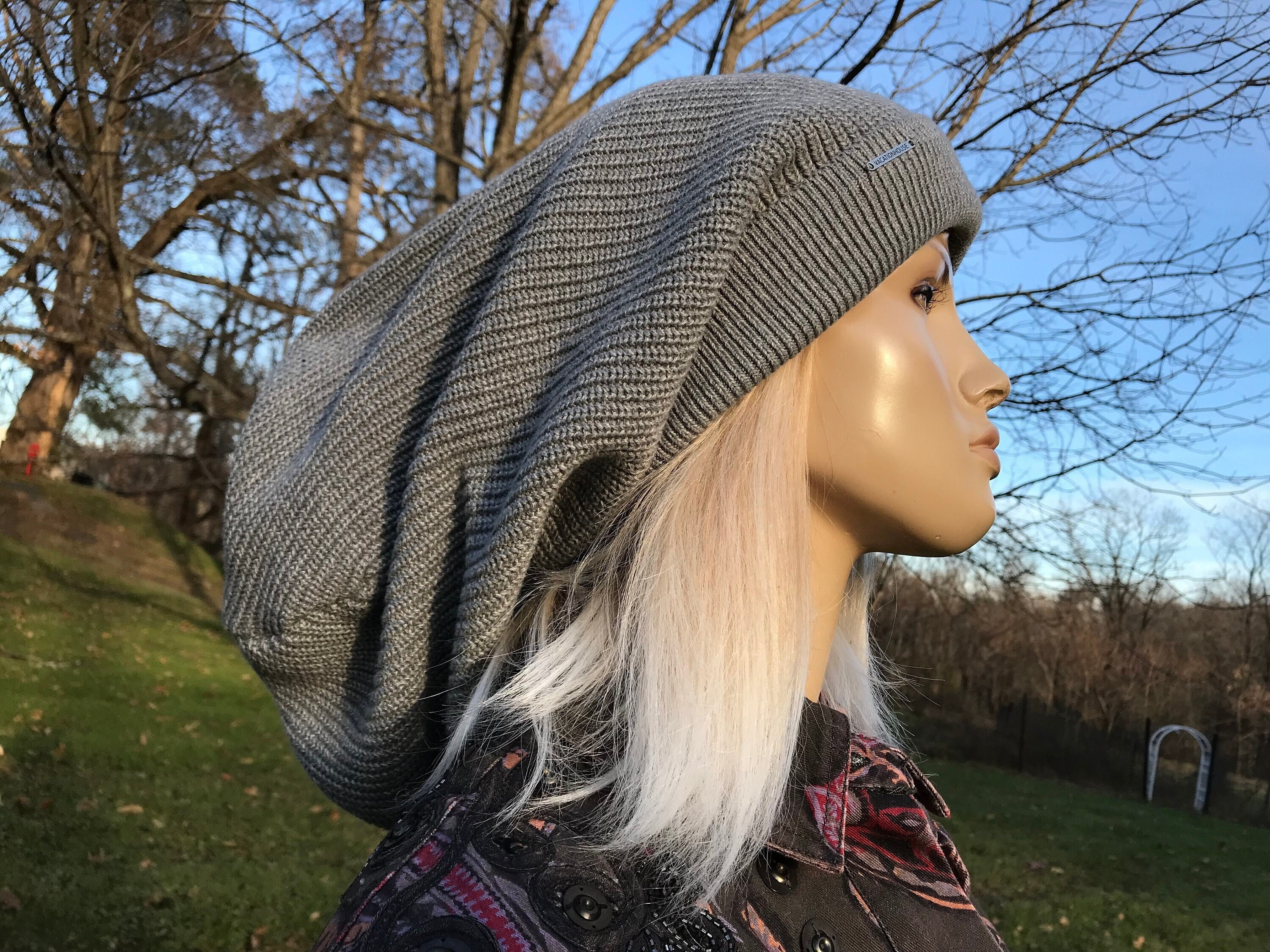 Big Baggy Tam Oversize Slouch Tam Gray Knit Hat Cotton Hat Black