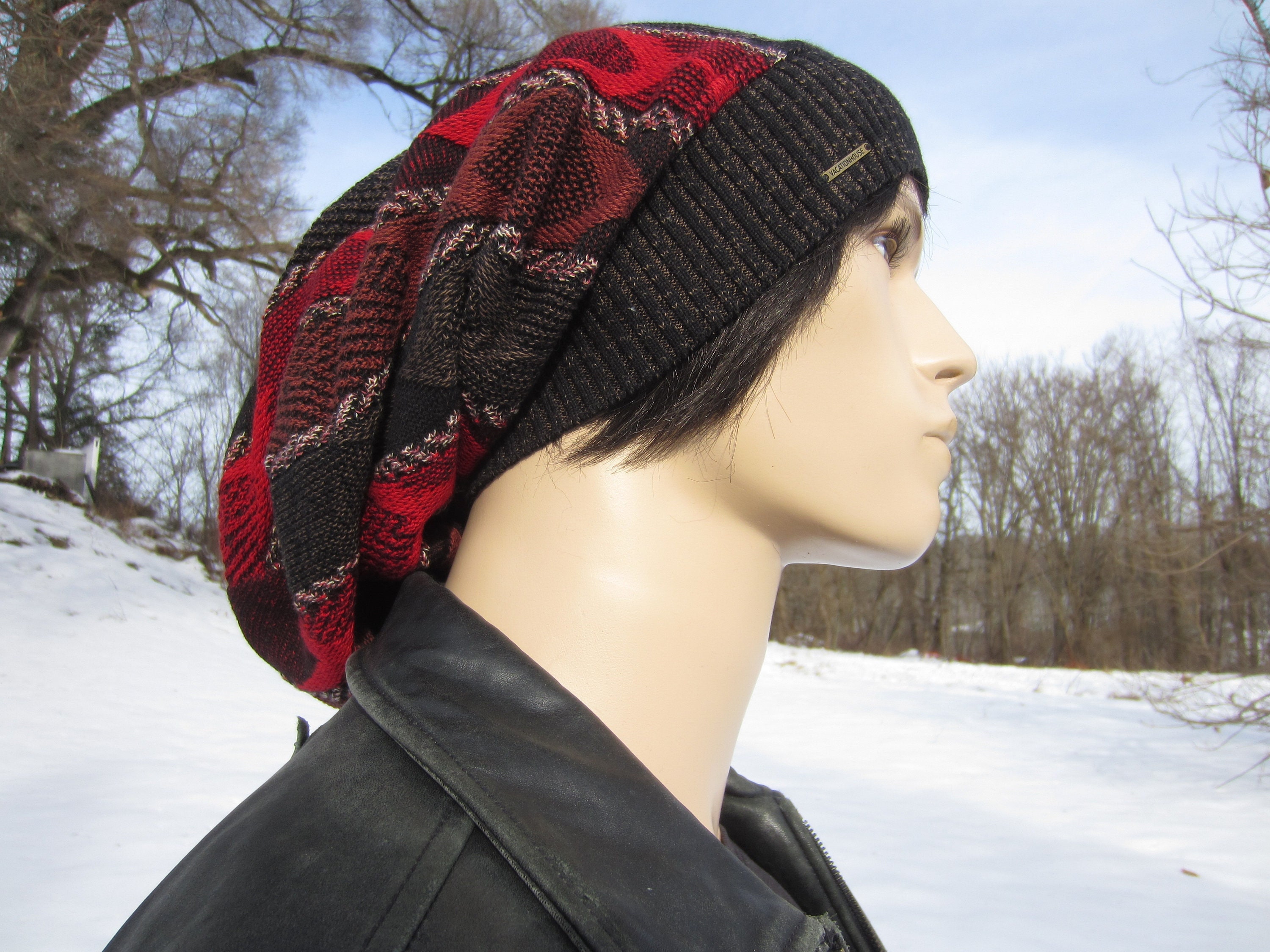 Men's Slouch Tam Urban Nomad Cotton Beanie Tribal Print Bohemian Clothing Red Brown Black  Slouchy  Hats   A1980