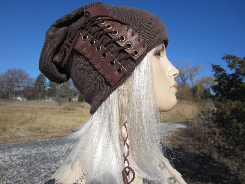 Edgy Bohemian Clothing Slouchy Beanie Black Leather Corset Lace Ties Acid Washed Cotton Knit Hat Musician Rocker Men /& Women A1348