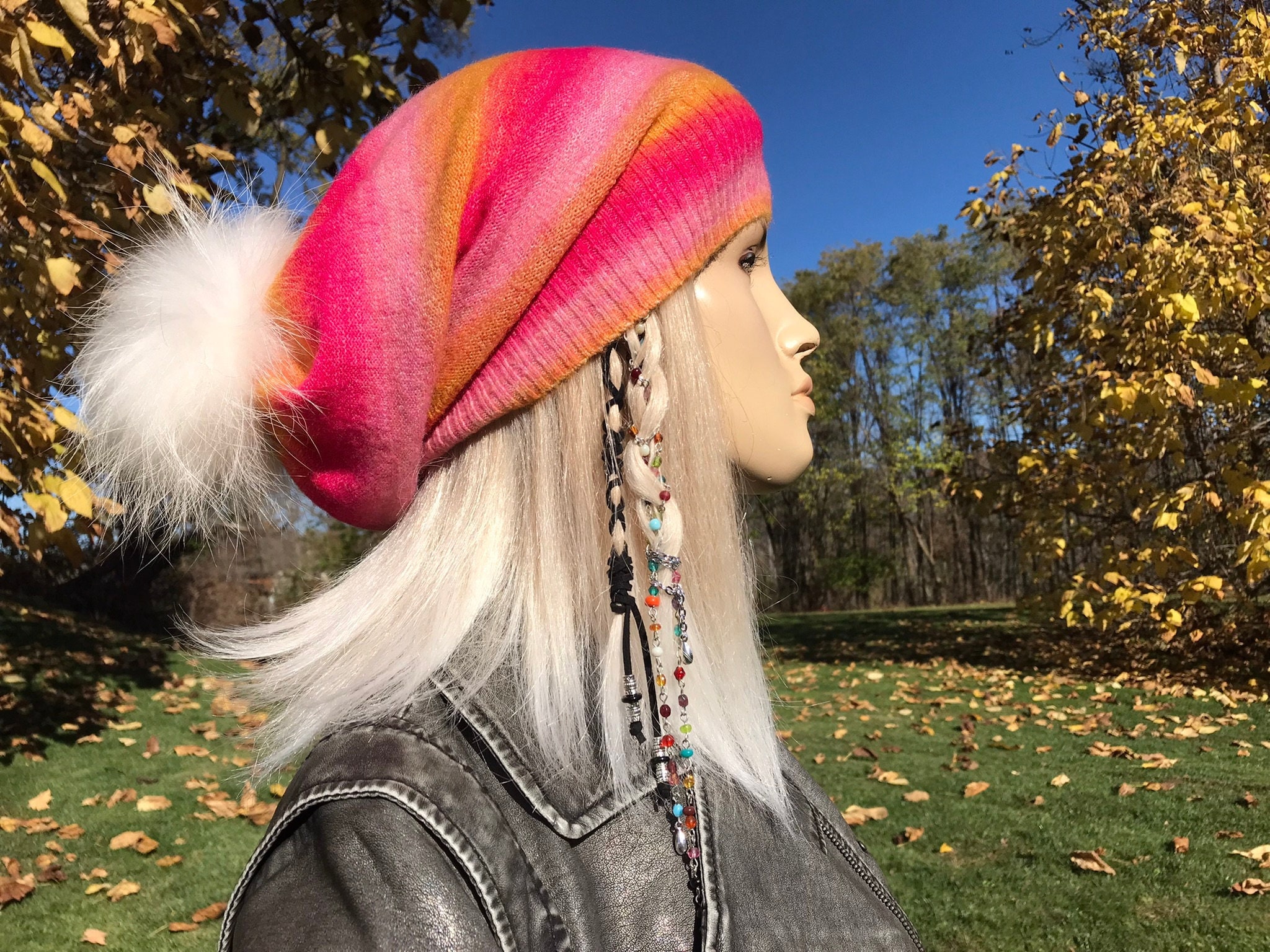 Pink Pineapple Slouchy real fur Pom hat Lyric Light Pink Slouchy Beanie Hat with Finn Raccoon Pom  main image 2
