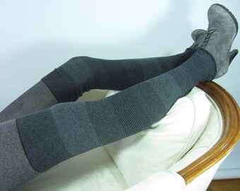 Black Striped Leg Warmers Thigh High Over the Knee Footless Socks Gray Stripe Cotton Blend A1844
