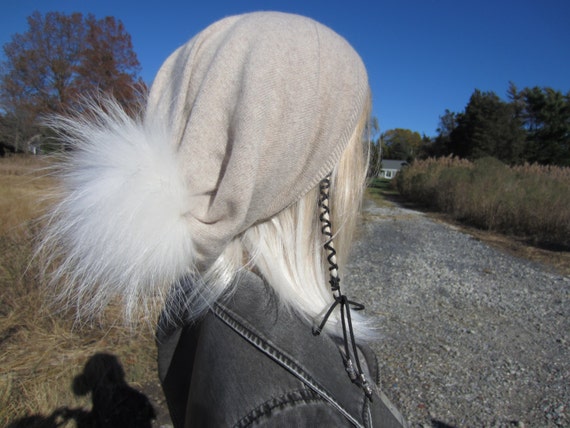Fur Pom Pom Cashmere Slouchy Beanie Real Fur 100% Pure  display picture 1