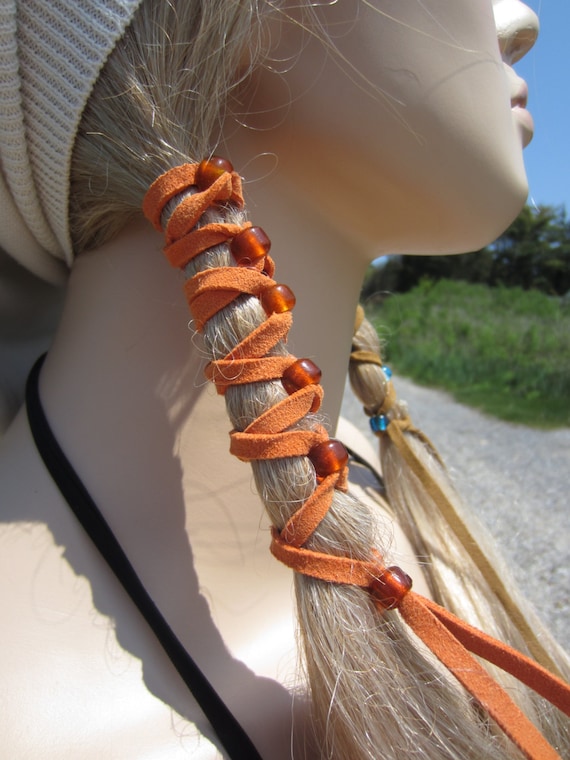 2 Leather Hair Ties Hair Wraps Ponytail Holders Beaded Extensions