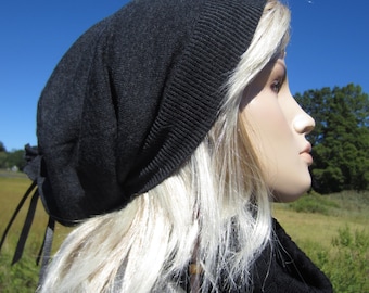 Gray Wool Knit Hat Womens Slouchy Beanies Charcoal Grey Fine Merino Wools A1001