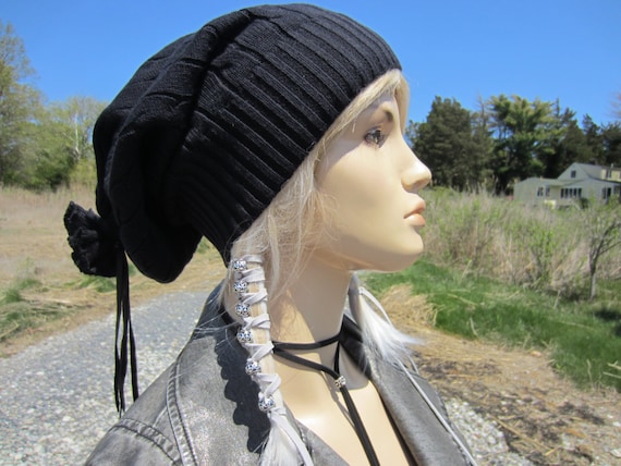 Thick Black Cotton Cable Slouchy Beanie Hat Tam Extra Long  display picture 3