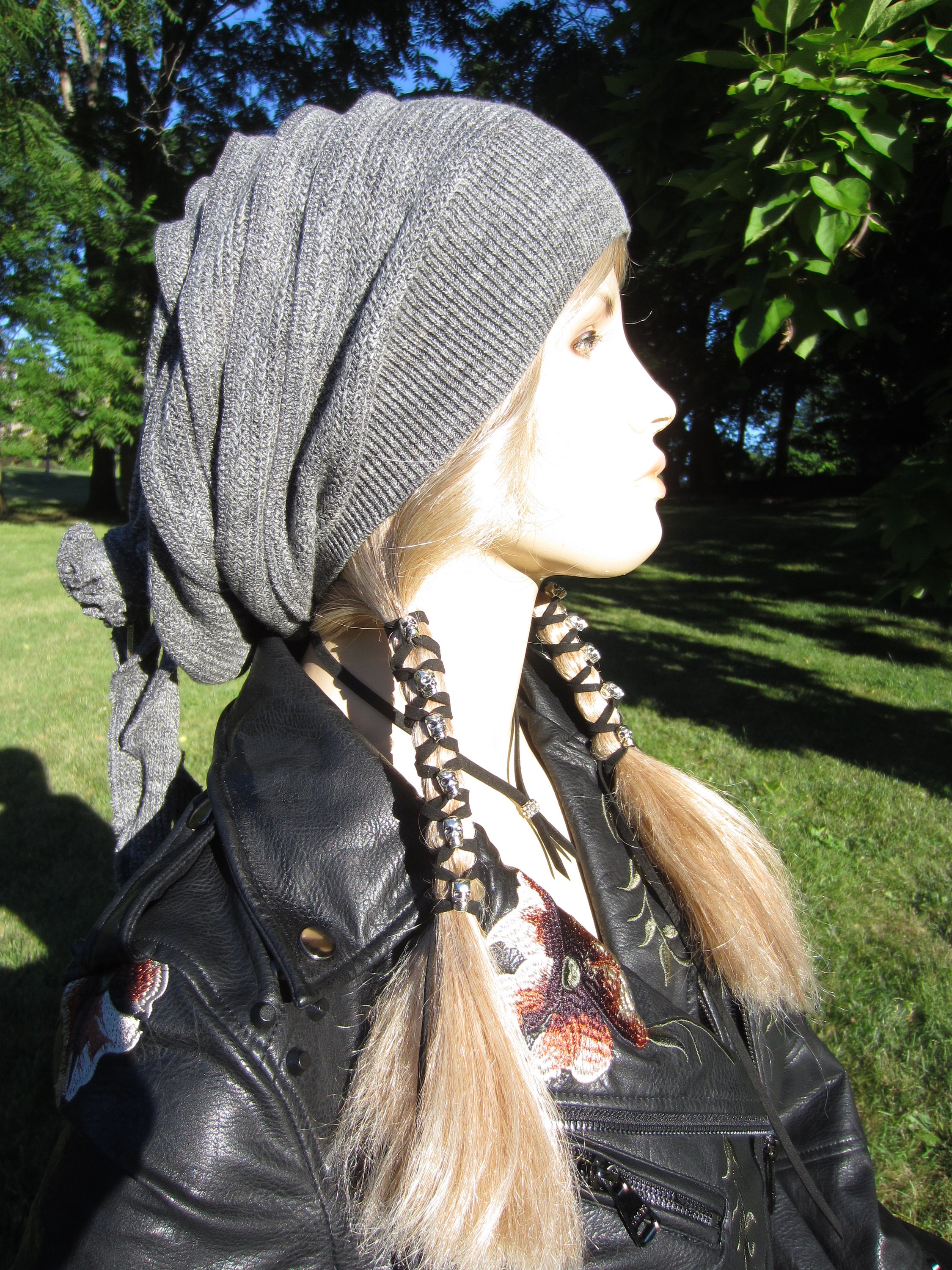 Skull Hair Jewelry Black Leather Hair Ties Ponytail Holder Biker