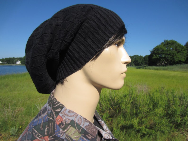 BOHO Men's Clohting Black Beanie Cable Knit Winter Hat, Men's Slouch Tam A1034 image 2