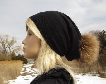 Black Cashmere Hat Fur Pom Pom Beanie Slouchy Beanies Bobble Tam, Designer  Hats By Vacation House A49 POM