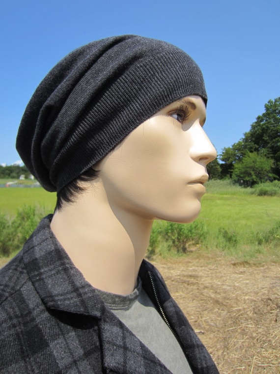 Mens Black Merino Wool Slouchy Beanie 