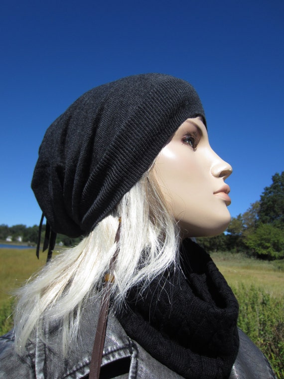 Charcoal Gray Wool Slouchy Knit Hat Charcoal Grey Thick Slouchy Knit Oversized Beanie Cap Hat  main image 3