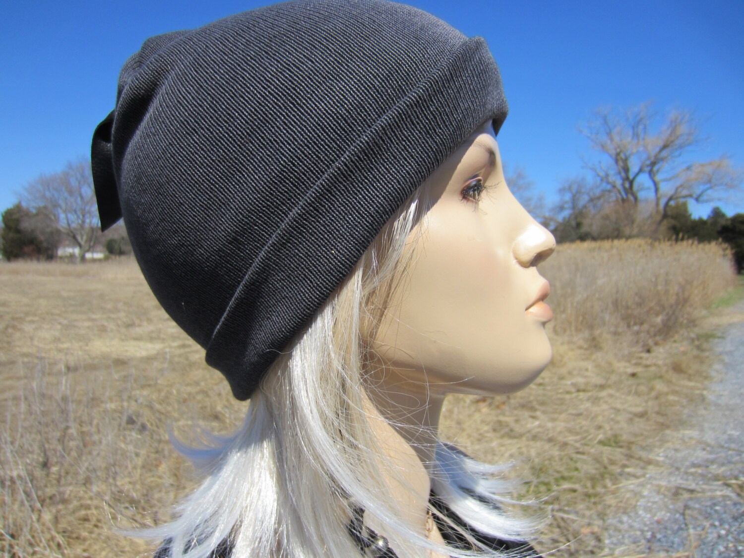 Skullcap Slouchy Cuff Beanie Black Distressed Cotton Knit