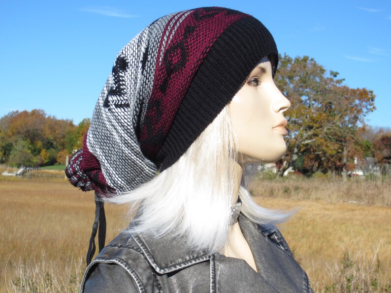 Tribal Print Slouchy Beanies Knit Warm Winter Hat Gray Black Burgundy Fair Isle Print Baggy Leather Tie Back Stocking Cap A1580